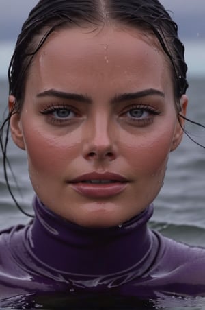 Margot Robbie, emerging from the water. Her head and shoulders are visible above the surface of water. She looks scared and sad, her dark purple turtleneck top wet and clinging to her, with water droplets sparkling around her. She is gasping for air. Her wait hair is slicked back and clinging to her head. She is in the middle of a cold ocean and splashes from her emergence, fully drenched, dripping wet, face wet, face drenched, hyper realistic