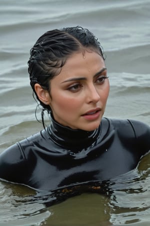 Morena Baccarin, emerging from the water. Her head and shoulders are visible above the surface of water. She looks scared and sad, her black turtleneck top wet and clinging to her, with water droplets sparkling around her. She is gasping for air. Her wait hair is slicked back and clinging to her head. She is in the middle of a cold ocean and splashes from her emergence, fully drenched, dripping wet, face wet, face drenched, hyper realistic