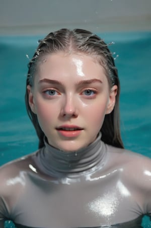 Hunter Schafer, emerging from the water. Her head and shoulders are visible above the surface of water. She looks surprised but smiling, her grey turtleneck top wet and clinging to her, with water droplets sparkling around her. She is in the middle of an indoor pool and splashes from her emergence, fully drenched, dripping wet, wet hair, face wet, face drenched