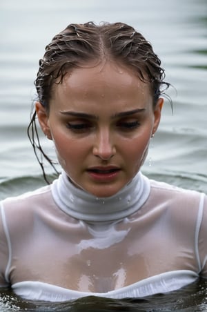 Natalie Portman, emerging from the water. Her head and shoulders are visible above the surface of water. She looks scared and sad, her white turtleneck top wet and clinging to her, with water droplets sparkling around her. She is gasping for air. She is screaming for help. She is in the middle of a city river and splashes from her emergence, fully drenched, dripping wet, wet hair, face wet, face drenched