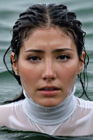 Dichen Lachman, emerging from the water. Her head and shoulders are visible above the surface of water. She looks scared and sad, her white turtleneck top wet and clinging to her, with water droplets sparkling around her. She is in the middle of a cold ocean and splashes from her emergence, fully drenched, dripping wet, wet hair, face wet, face drenched