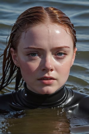 Sadie Sink, emerging from the water. Her head and shoulders are visible above the surface of water. She looks scared and sad, her dark grey turtleneck top wet and clinging to her, with water droplets sparkling around her. She is gasping for air. Her wait hair is slicked back and clinging to her head. She is in the middle of a cold ocean and splashes from her emergence, fully drenched, dripping wet, face wet, face drenched, hyper realistic