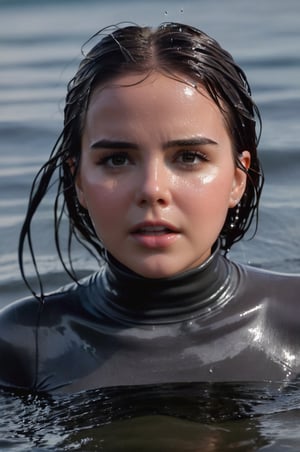 Bailee Madison, emerging from the water. Her head and shoulders are visible above the surface of water. She looks scared and sad, her dark grey turtleneck top wet and clinging to her, with water droplets sparkling around her. She is gasping for air. She is in the middle of a cold ocean and splashes from her emergence, fully drenched, dripping wet, wet hair, face wet, face drenched