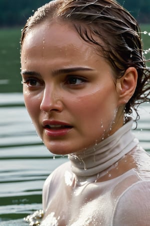 Natalie Portman, emerging from the water. Her head and shoulders are visible above the surface of water. She looks scared and sad, her white turtleneck top wet and clinging to her, with water droplets sparkling around her. She is gasping for air. She is screaming for help. She is in the middle of a city river and splashes from her emergence, fully drenched, dripping wet, wet hair, face wet, face drenched