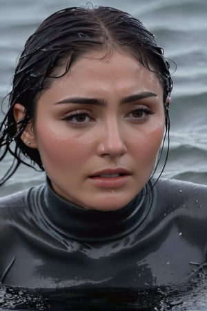 Daniella Pineda, emerging from the water. Her head and shoulders are visible above the surface of water. She looks scared and sad, her dark grey turtleneck top wet and clinging to her, with water droplets sparkling around her. She is in the middle of a cold ocean and splashes from her emergence, fully drenched, dripping wet, wet hair, face wet, face drenched