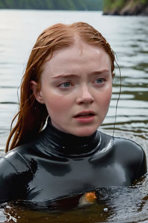 Sadie Sink, emerging from the water. Her head and shoulders are visible above the surface of water. She looks scared and sad, her dark grey turtleneck top wet and clinging to her, with water droplets sparkling around her. She is gasping for air. She is screaming for help. She is in the middle of a cave river and splashes from her emergence, fully drenched, dripping wet, wet hair, face wet, face drenched