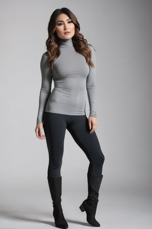 Daniella Pineda, posing for a photoshooting, wearing a grey turtleneck long sleeve tight top and a black sport legging, mid calf boots, long hair, brown hair, model body posture, sexy facial expression 