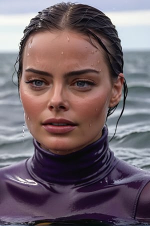 Margot Robbie, emerging from the water. Her head and shoulders are visible above the surface of water. She looks scared and sad, her dark purple turtleneck top wet and clinging to her, with water droplets sparkling around her. She is gasping for air. Her wait hair is slicked back and clinging to her head. She is in the middle of a cold ocean and splashes from her emergence, fully drenched, dripping wet, face wet, face drenched, hyper realistic