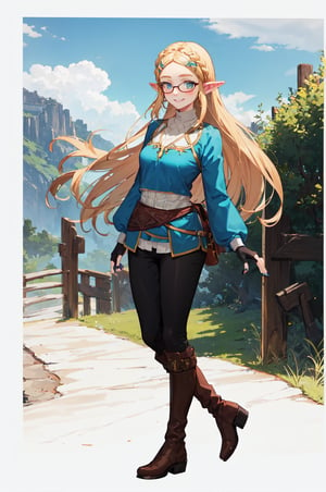 aazelda, super long hair, hair cascading to the waist, pointy ears, blue shirt, long sleeves, fingerless gloves, black gloves, black pants, tight pants, blue nails, looking at the camera smile, blushing, black clear-rimmed glasses, high boots, full body picture 