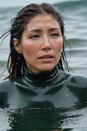 Dichen Lachman, emerging from the water. Her head and shoulders are visible above the surface of water. She looks scared and sad, her white turtleneck top wet and clinging to her, with water droplets sparkling around her. She is in the middle of a cold ocean and splashes from her emergence, fully drenched, dripping wet, wet hair, face wet, face drenched