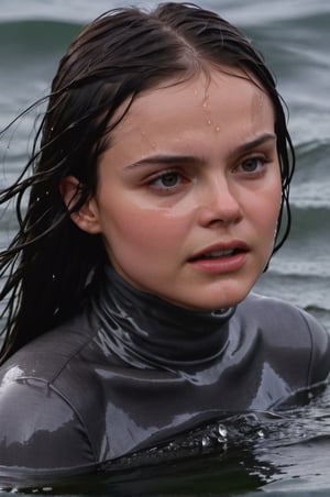 Dafne Keen, emerging from the water. Her head and shoulders are visible above the surface of water. She looks scared and sad, her dark grey turtleneck top wet and clinging to her, with water droplets sparkling around her. She is gasping for air. She is in the middle of a cold ocean and splashes from her emergence, fully drenched, dripping wet, wet hair, face wet, face drenched, hyper realistic