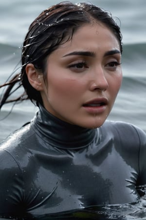 Daniella Pineda, emerging from the water. Her head and shoulders are visible above the surface of water. She looks scared and sad, her dark grey turtleneck top wet and clinging to her, with water droplets sparkling around her. She is in the middle of a cold ocean and splashes from her emergence. 