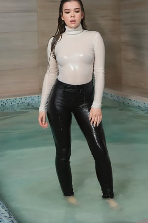Hailee Steinfeld, floating in a deep pool, full body soaked, wearing a white velvet turtleneck long sleeve top and black legging, fully drenched, dripping wet, wet hair, face wet, face drenched, depressed facial expression, soaked clothes, fully body soaked, fully body submerged
