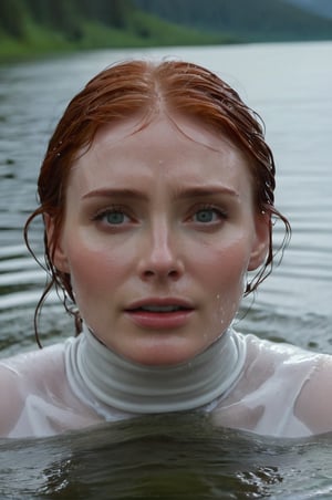 Bryce Dallas Howard, emerging from the water. Her head and shoulders are visible above the surface of water. She looks scared and sad, her white ribbed turtleneck top wet and clinging to her, with water droplets sparkling around her. She is gasping for air. She is in the middle of a cold lake and splashes from her emergence, fully drenched, dripping wet, wet hair, face wet, face drenched