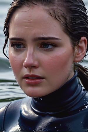 Elizabeth Lail, emerging from the water. Her head and shoulders are visible above the surface of water. She looks scared and sad, her dark blue turtleneck top wet and clinging to her, with water droplets sparkling around her. She is gasping for air. Her wet hair are slicked back and clinging to her head. She is in the middle of a cold ocean and splashes from her emergence, fully drenched, dripping wet, face wet, face drenched, hyper realistic