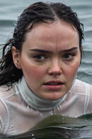 Daisy Ridley, emerging from the water. Her head and shoulders are visible above the surface of water. She looks scared and sad, her white turtleneck top wet and clinging to her, with water droplets sparkling around her. She is in the middle of a cold ocean and splashes from her emergence. 