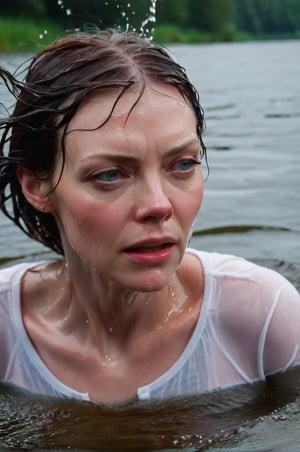 Riki Lindhome, emerging from the water. Her head and shoulders are visible above the surface of water. She looks scared and hopeless, her white shirt wet and clinging to her, with water droplets sparkling around her. She is gasping for air. She is in the middle of a cold river and splashes from her emergence, fully drenched, dripping wet, wet hair, face wet, face drenched