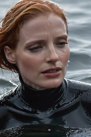 Jessica Chastain, emerging from the water. Her head and shoulders are visible above the surface of water. She looks scared and sad, her black turtleneck top wet and clinging to her, with water droplets sparkling around her. She is gasping for air. She is in the middle of a cold ocean and splashes from her emergence, fully drenched, dripping wet, wet hair, face wet, face drenched