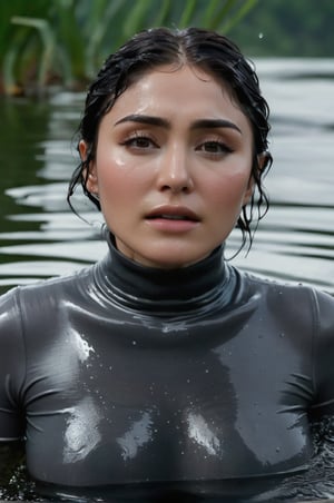 Daniella Pineda, emerging from the water. Her head and shoulders are visible above the surface of water. She looks scared and sad, her dark grey turtleneck top wet and clinging to her, with water droplets sparkling around her. She is in the middle of a deep pool and splashes from her emergence. 