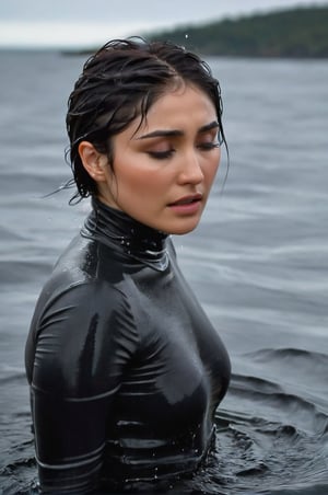 Daniella Pineda, emerging from the water. Her head and shoulders are visible above the surface of water. She looks scared and sad, her dark grey turtleneck top wet and clinging to her, with water droplets sparkling around her. She is gasping for air. She is in the middle of a cold ocean and splashes from her emergence, fully drenched, dripping wet, wet hair, face wet, face drenched