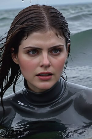 Alexandra Daddario, emerging from the water. Her head and shoulders are visible above the surface of water. She looks scared and sad, her dark grey turtleneck top wet and clinging to her, with water droplets sparkling around her. She is gasping for air. She is in the middle of a cold ocean and splashes from her emergence, fully drenched, dripping wet, wet hair, face wet, face drenched, hyper realistic