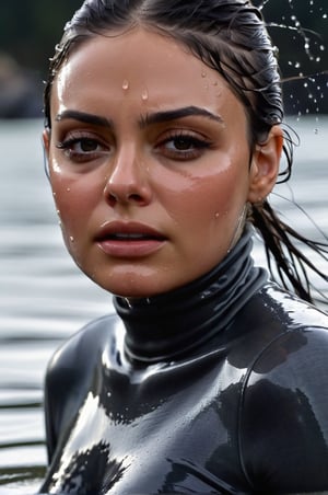 Mila Kunis, emerging from the water. Her head and shoulders are visible above the surface of water. She looks scared and sad, her dark dark grey turtleneck top wet and clinging to her, with water droplets sparkling around her. She is gasping for air. She is in the middle of a cold ocean and splashes from her emergence, fully drenched, dripping wet, wet hair, face wet, face drenched, hyper realistic