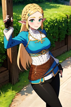 aazelda, super long hair, hair cascading to the waist, pointy ears, blue shirt, long sleeves, fingerless gloves, black gloves, black pants, tight pants, blue nails, looking at the camera smile, blushing