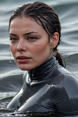 Lauren German, emerging from the water. Her head and shoulders are visible above the surface of water. She looks scared and sad, her dark grey turtleneck top wet and clinging to her, with water droplets sparkling around her. She is gasping for air. She is in the middle of a hot sea and splashes from her emergence, fully drenched, dripping wet, wet hair, face wet, face drenched