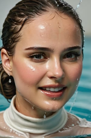 Natalie Portman, emerging from the water. Her head and shoulders are visible above the surface of water. She looks surprised but smiling, her white turtleneck top wet and clinging to her, with water droplets sparkling around her. She is in the middle of an indoor pool and splashes from her emergence, fully drenched, dripping wet, wet hair, face wet, face drenched, hyper realistic