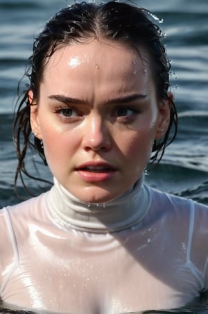 Daisy Ridley, emerging from the water. Her head and shoulders are visible above the surface of water. She looks scared and sad, her white turtleneck top wet and clinging to her, with water droplets sparkling around her. She is in the middle of a cold ocean and splashes from her emergence, fully drenched, dripping wet, wet hair, face wet, face drenched