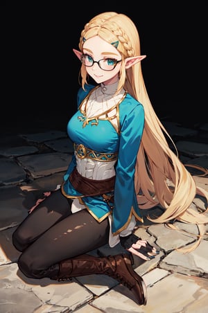 aazelda, super long hair, hair cascading to the waist, pointy ears, blue shirt, long sleeves, fingerless gloves, black gloves, black pants, tight pants, blue nails, looking at the camera smile, blushing, black clear-rimmed glasses, high boots, full body picture 