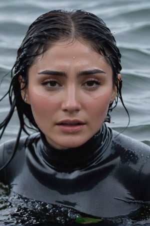 Daniella Pineda, emerging from the water. Her head and shoulders are visible above the surface of water. She looks scared and exhausted, her dark grey turtleneck top wet and clinging to her, with water droplets sparkling around her. She is in the middle of a cold ocean and splashes from her emergence, fully drenched, dripping wet, wet hair, face wet, face drenched