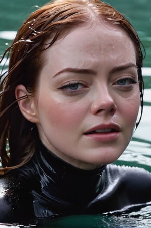 Emma Stone, emerging from the water. Her head and shoulders are visible above the surface of water. She looks scared and sad, her black turtleneck top wet and clinging to her, with water droplets sparkling around her. She is gasping for air. She is in the middle of a cold ocean and splashes from her emergence, fully drenched, dripping wet, wet hair, face wet, face drenched