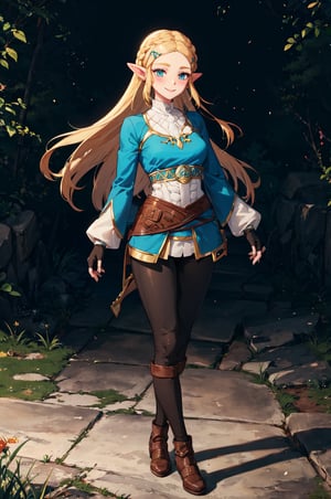 aazelda, super long hair, hair cascading to the waist, pointy ears, blue shirt, long sleeves, fingerless gloves, black gloves, black pants, tight pants, blue nails, looking at the camera smile, blushing, mid-calf boots, full body picture 