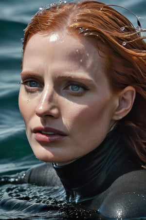 Jessica Chastain, emerging from the water. Her head and shoulders are visible above the surface of water. She looks scared and sad, her black turtleneck top wet and clinging to her, with water droplets sparkling around her. She is in the middle of a cold ocean and splashes from her emergence. 