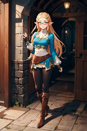 aazelda, super long hair, hair cascading to the waist, pointy ears, blue shirt, long sleeves, fingerless gloves, black gloves, black pants, tight pants, blue nails, looking at the camera smile, blushing, black clear-rimmed glasses, high boots, full body picture 