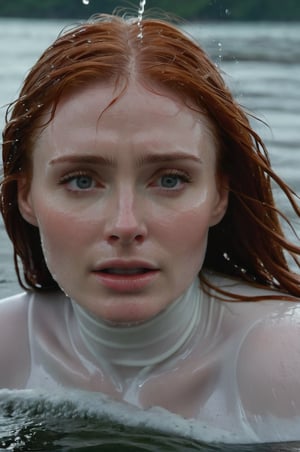 Bryce Dallas Howard, emerging from the water. Her head and shoulders are visible above the surface of water. She looks scared and sad, her white turtleneck top wet and clinging to her, with water droplets sparkling around her. She is gasping for air. She is in the middle of a cold ocean and splashes from her emergence, fully drenched, dripping wet, wet hair, face wet, face drenched