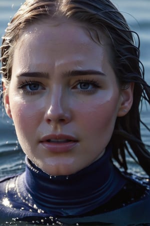 Elizabeth Lail, emerging from the water. Her head and shoulders are visible above the surface of water. She looks scared and sad, her dark blue turtleneck top wet and clinging to her, with water droplets sparkling around her. She is gasping for air. She is in the middle of a cold lake and splashes from her emergence, fully drenched, dripping wet, wet hair, face wet, face drenched