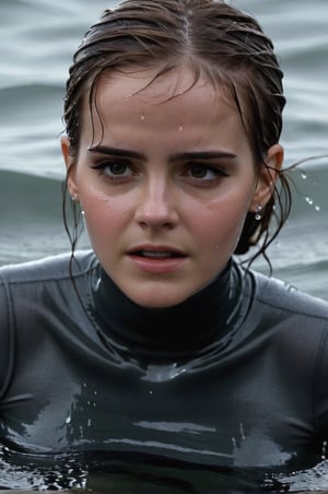 Emma Watson, emerging from the water. Her head and shoulders are visible above the surface of water. She looks scared and sad, her dark dark grey turtleneck top wet and clinging to her, with water droplets sparkling around her. She is gasping for air. She is in the middle of a cold ocean and splashes from her emergence, fully drenched, dripping wet, wet hair, face wet, face drenched, hyper realistic