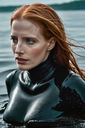 Jessica Chastain, emerging from the water. Her head and shoulders are visible above the surface of water. She looks scared and sad, her black turtleneck top wet and clinging to her, with water droplets sparkling around her. She is in the middle of a cold ocean and splashes from her emergence. 