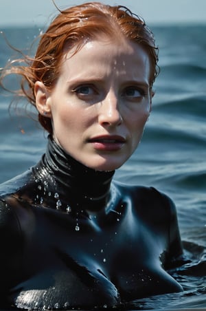 Jessica Chastain, emerging from the water. Her head and shoulders are visible above the surface of water. She looks scared and sad, her black turtleneck top wet and clinging to her, with water droplets sparkling around her. She is in the middle of a cold ocean and splashes from her emergence. 