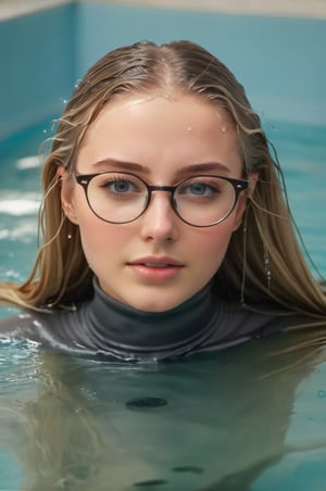 A young woman, 18 years old, a smooth, oval face with soft features, fair skin, almond eyes, blue eyes, glasses on, blonde hair, super long hair, hair floating aroud her, perfect eyes, emerging from the water. Her head and shoulders are visible above the surface of water. She looks surprised but happy, her dark grey turtleneck top wet and clinging to her, with water droplets sparkling around her. She is gasping for air. She is in the middle of an indoor pool and splashes from her emergence, fully drenched, dripping wet, wet hair, face wet, face drenched, drops on glasses