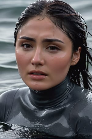 Daniella Pineda, emerging from the water. Her head and shoulders are visible above the surface of water. She looks scared and sad, her dark grey turtleneck top wet and clinging to her, with water droplets sparkling around her. She is in the middle of a cold ocean and splashes from her emergence, fully drenched, dripping wet, wet hair, face wet, face drenched