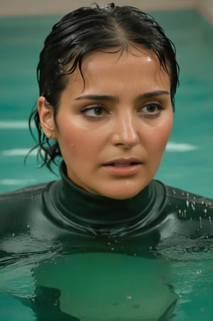 Najat Vallaud-Belkacem, emerging from the water. Her head and shoulders are visible above the surface of water. She looks surprised, her dark green turtleneck top wet and clinging to her, with water droplets sparkling around her. She is in the middle of an indoor pool and splashes from her emergence, fully drenched, dripping wet, wet hair, face wet, face drenched