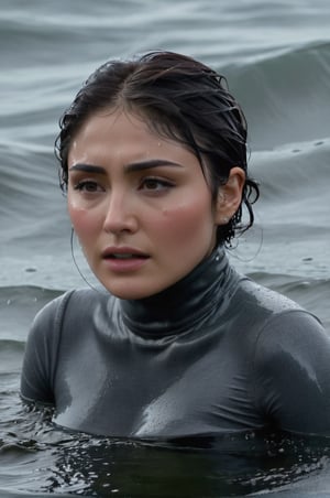 Daniella Pineda, emerging from the water. Her head and shoulders are visible above the surface of water. She looks scared and sad, her dark grey turtleneck top wet and clinging to her, with water droplets sparkling around her. She is in the middle of a cold ocean and splashes from her emergence. 