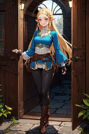 aazelda, super long hair, hair cascading to the waist, pointy ears, blue shirt, long sleeves, fingerless gloves, black gloves, black pants, tight pants, blue nails, looking at the camera smile, blushing, mid-calf boots, full body picture 