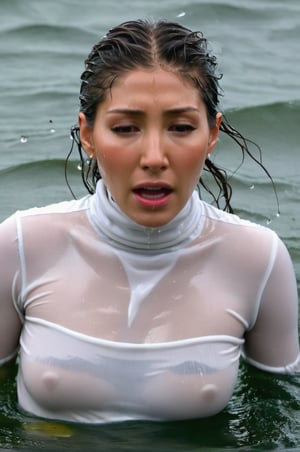 Dichen Lachman, emerging from the water. Her head and shoulders are visible above the surface of water. She looks panicked and disoriented, her white turtleneck top wet and clinging to her, with water droplets sparkling around her. She is screaming for help. She is in the middle of a cold ocean and splashes from her emergence, fully drenched, dripping wet, wet hair, face wet, face drenched, ultra detailed face. 