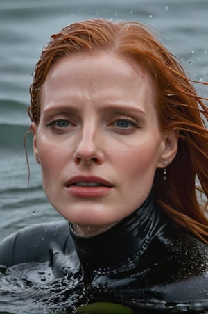 Jessica Chastain, emerging from the water. Her head and shoulders are visible above the surface of water. She looks scared and sad, her black turtleneck top wet and clinging to her, with water droplets sparkling around her. She is gasping for air. She is in the middle of a cold ocean and splashes from her emergence, fully drenched, dripping wet, wet hair, face wet, face drenched