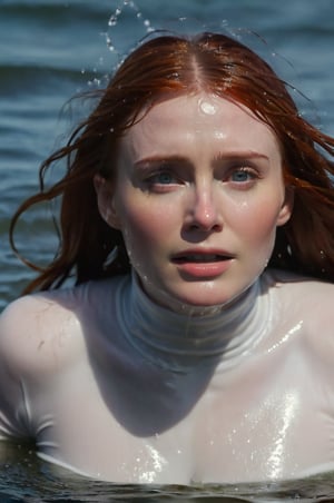 Bryce Dallas Howard, emerging from the water. Her head and shoulders are visible above the surface of water. She looks scared and sad, her white turtleneck top wet and clinging to her, with water droplets sparkling around her. She is in the middle of a cold ocean and splashes from her emergence, fully drenched, dripping wet, wet hair, face wet, face drenched