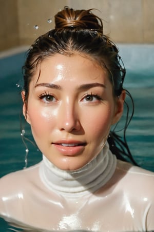 Dichen Lachman, emerging from the water. Her head and shoulders are visible above the surface of water. She looks surprised but smiling, her white turtleneck top wet and clinging to her, with water droplets sparkling around her. She is in the middle of an indoor pool and splashes from her emergence, fully drenched, dripping wet, long hair, wet hair, face wet, face drenched